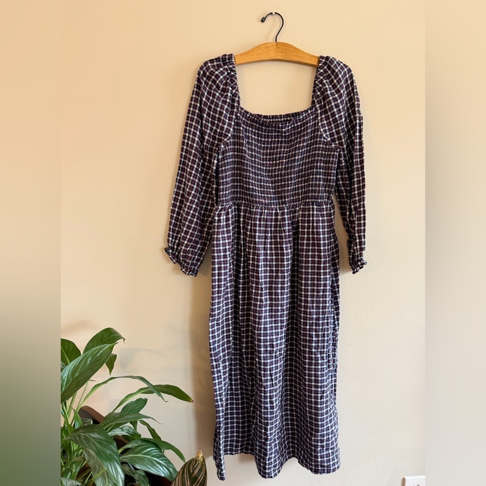 J Crew Womens Dress Plaid Flannel Cottage Puff Sleeve Smocked Midi Navy Size L - Picture 6 of 14